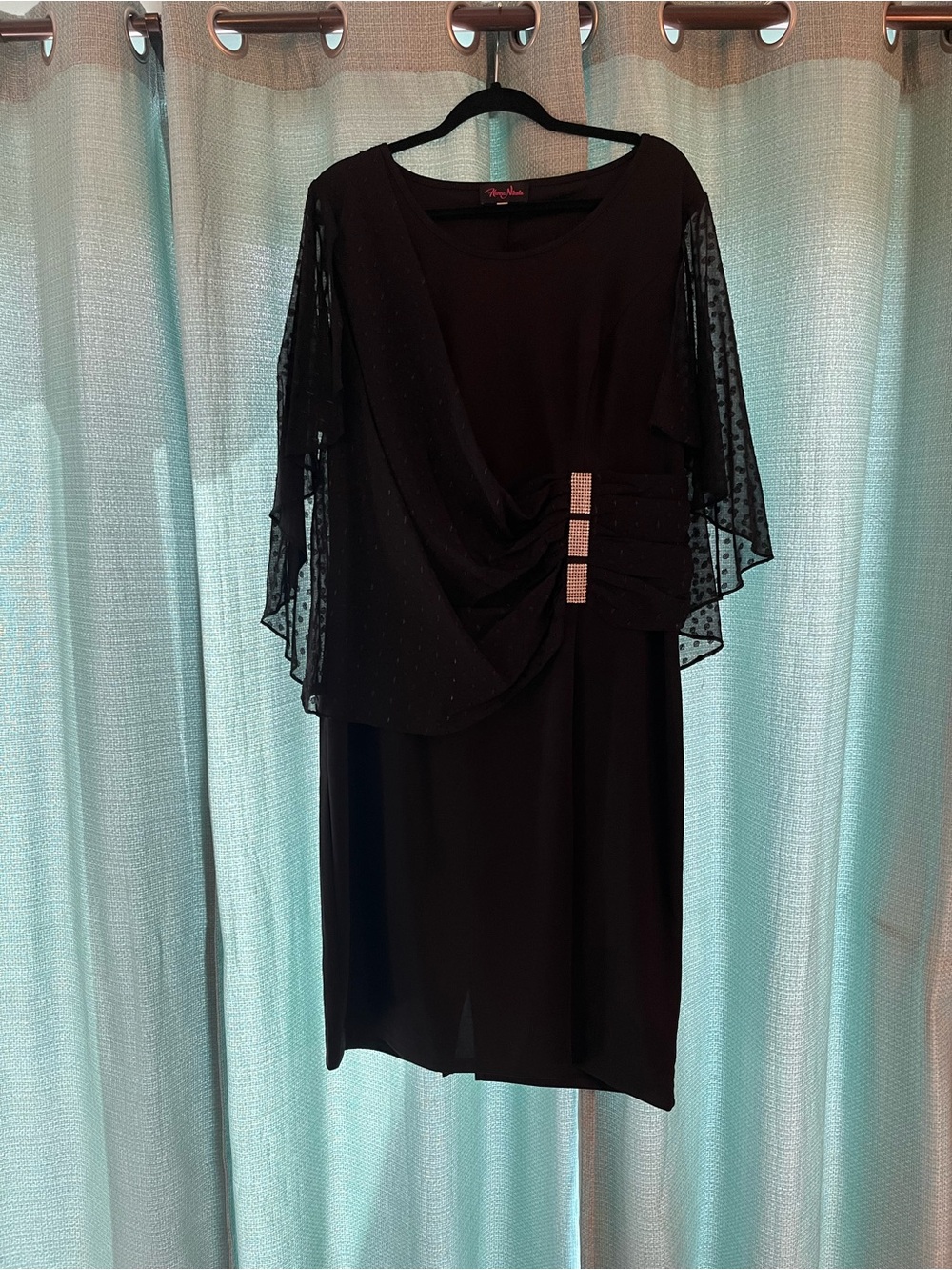 Black Midi Dress with Sheer Dotted Capelet and Rhinestone Accent